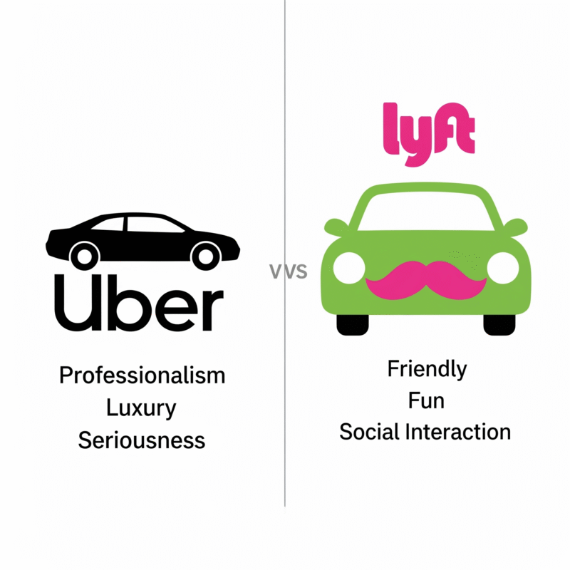 مقارنة العلامات التجارية بين أوبر (Uber) وليفت (Lyft) لتوضيح قوة الهوية البصرية والتسويق، حيث تظهر سيارة أوبر السوداء (الاحترافية والفخامة) وسيارة ليفت الخضراء بشارب وردي (الود والتفاعل الاجتماعي).