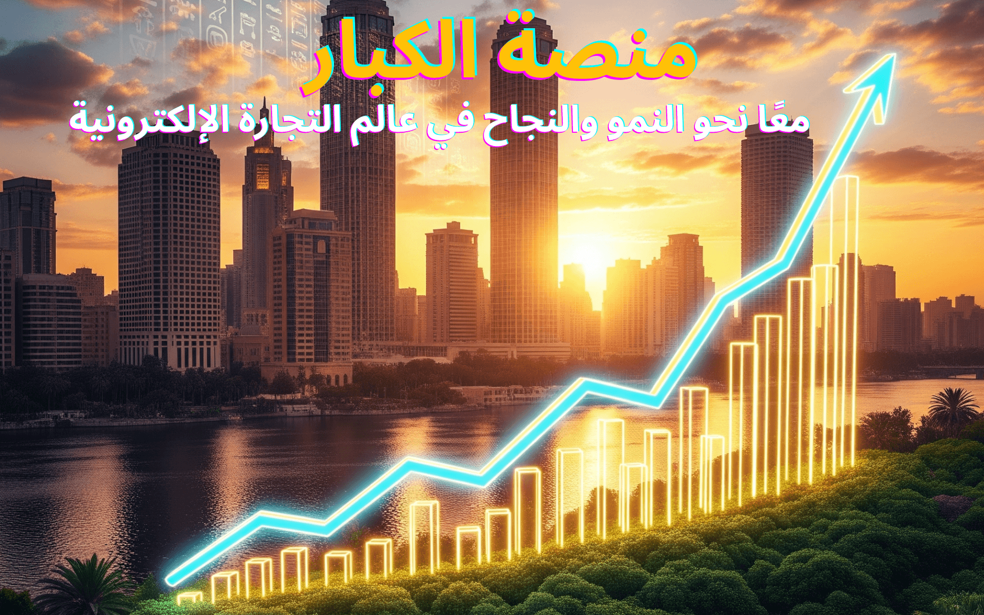 منظر بانورامي لمدينة عصرية عند شروق الشمس، مع رسم بياني متوهج يرمز إلى النمو والازدهار في التجارة الإلكترونية لمنصة Lifkada.