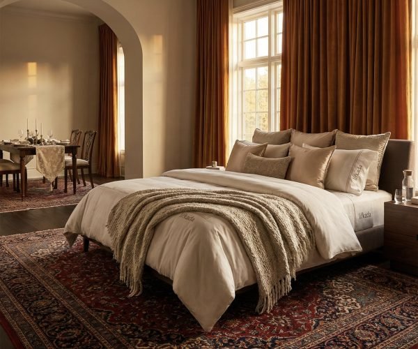 Elegant home furnishings and handmade luxury carpets display.