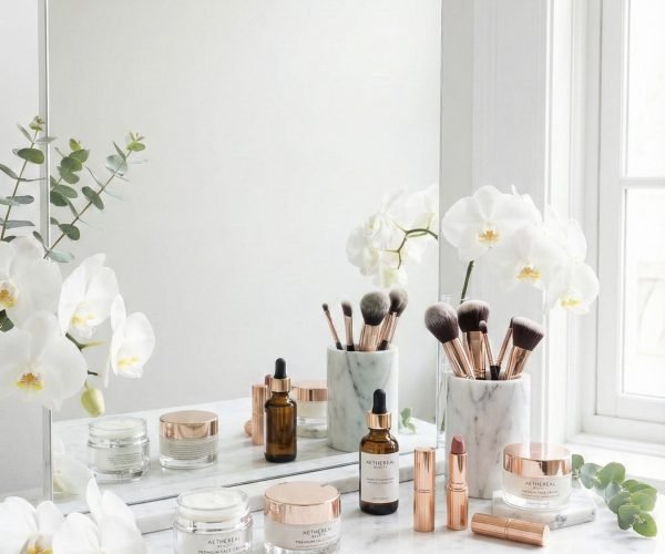 Text: Luxury skincare and organic beauty products display for wholesale.